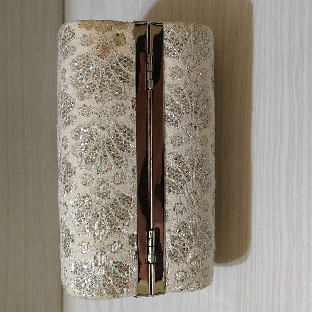 Wedding/Prom Clutch Bag with Corded White Lace, Rhinestones & Iridescent Sequins - Picture 4 of 8